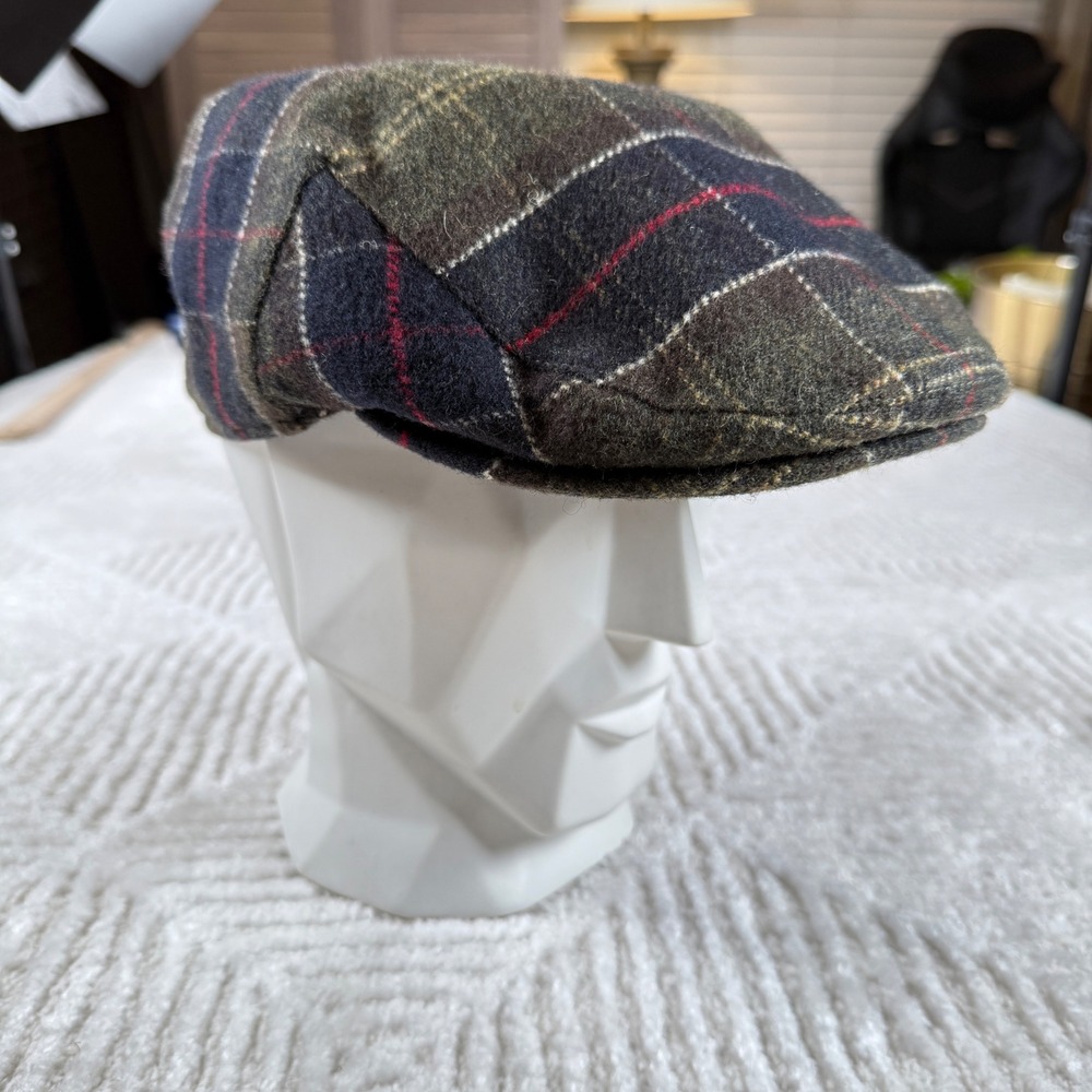 Barbour Flat Cap Men's Olive Green Tartan Plaid Wool Blend Hat English Preppy